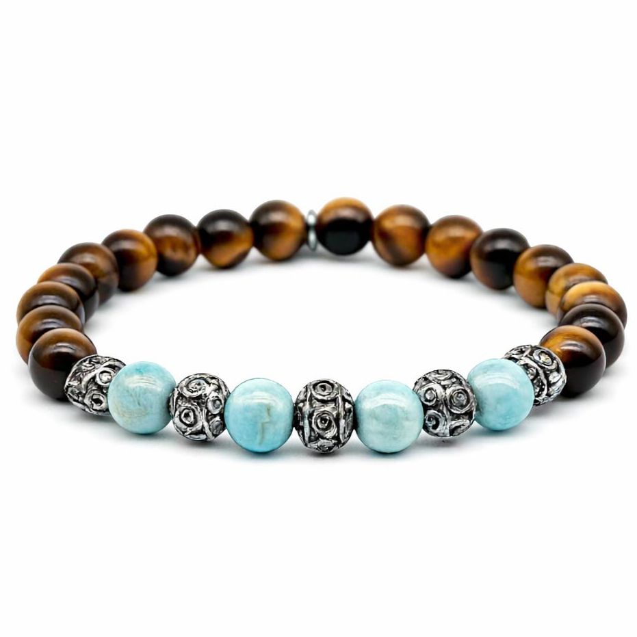 Bracciale Occhio di Tigre e Turchese con sfere lavorate Bracciale Occhio di Tigre e Turchese con sfere lavorate